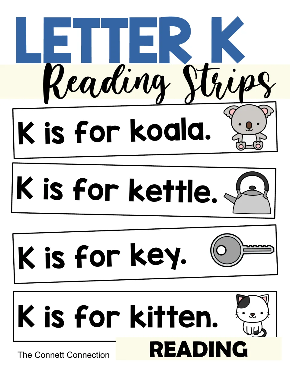 Letter K Reading Strips cover showing sample sentences: K is for koala, kettle, key and kitten, each with a picture