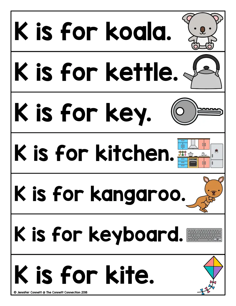 Letter K sentences students read: K is for koala, kettle, key, kitchen, kangaroo, keyboard and kite, each with a picture