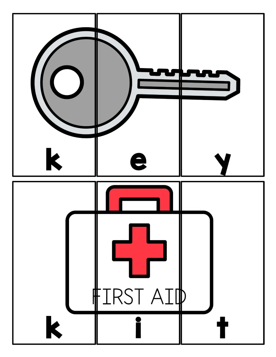 Spelling K words: students cut apart and rebuild key and kit picture puzzles, ordering letter strips k-e-y and k-i-t