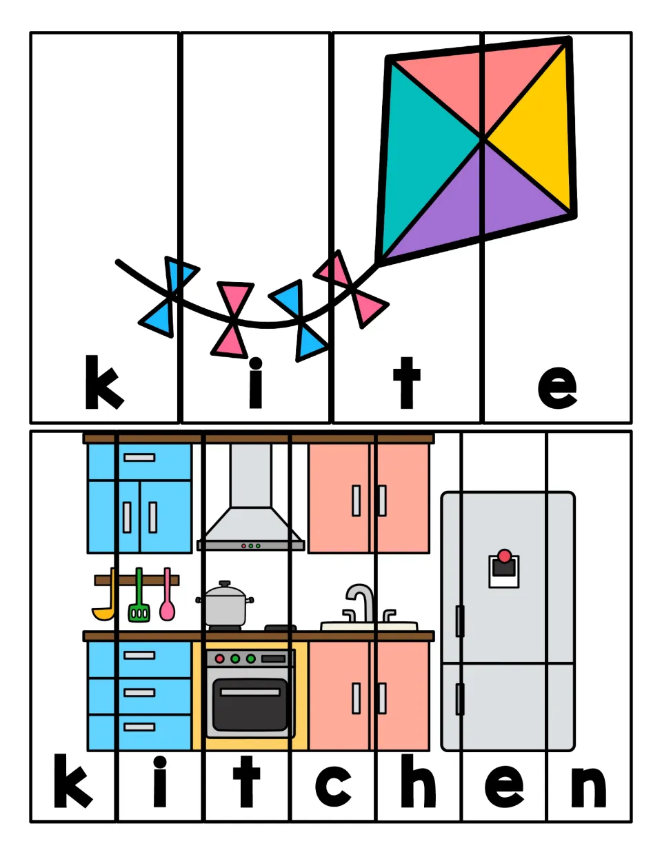 Kite and kitchen picture puzzles: students order letter strips to spell k-i-t-e and the seven-letter word k-i-t-c-h-e-n