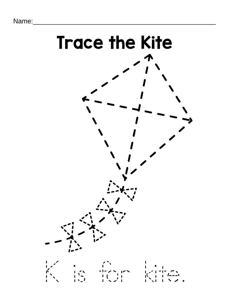 Letter K tracing page 2: a kite to trace and the sentence 'K is for kite' beneath 'Trace the Kite'.
