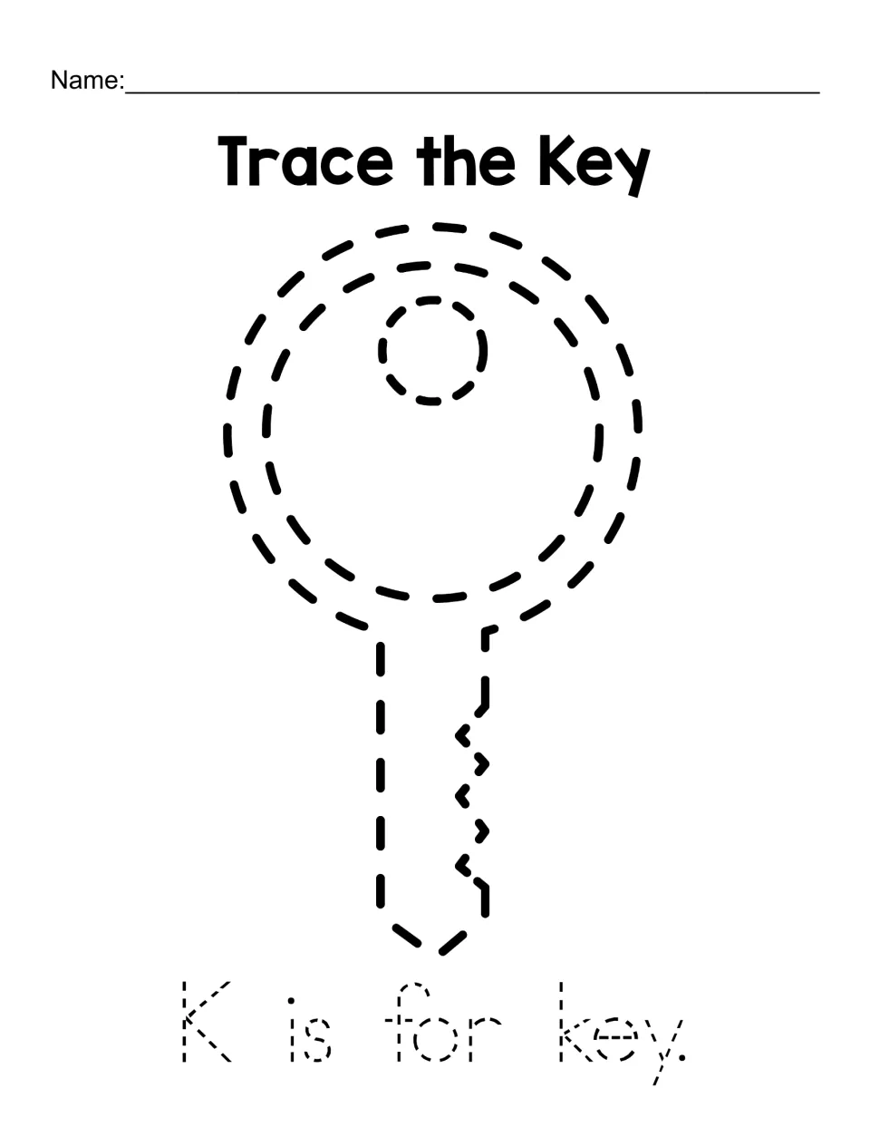 Letter K tracing page 3: a key to trace and the sentence 'K is for key' beneath 'Trace the Key'.