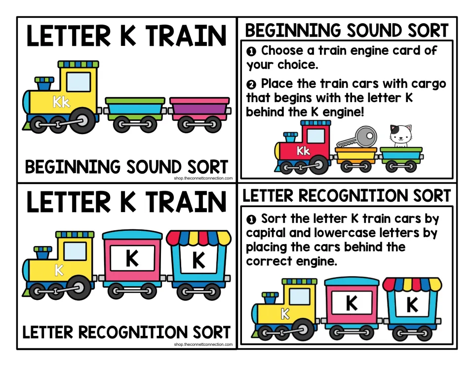 Letter K train center cards: directions for a beginning sound sort and a capital and lowercase K letter recognition sort