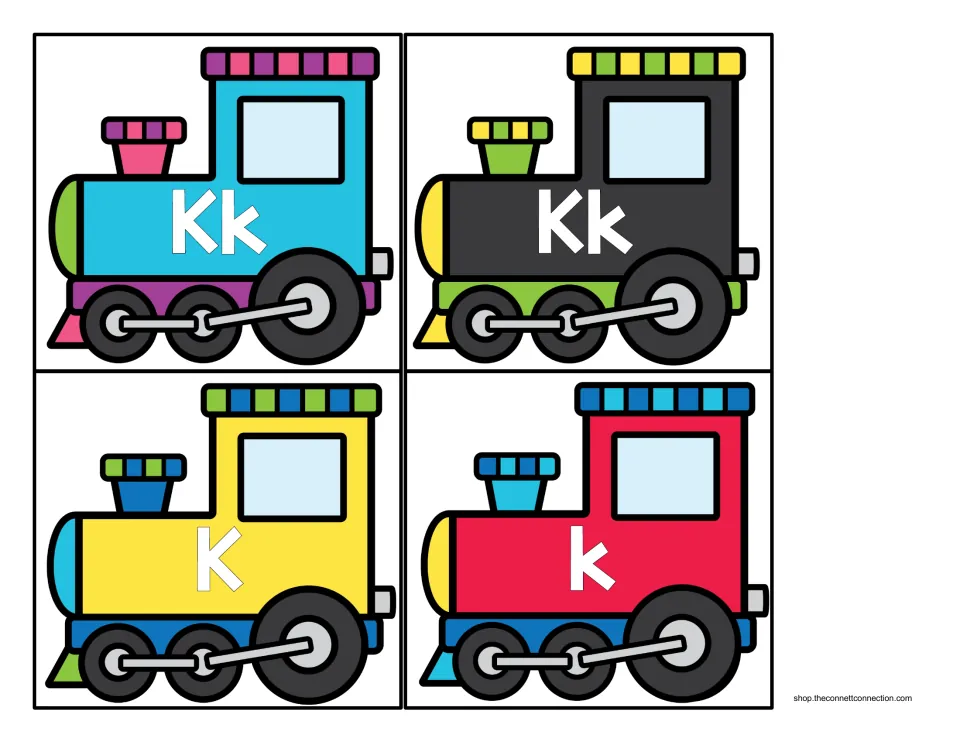 Engine cards labeled Kk on blue and black trains plus a yellow capital K engine and red lowercase k engine for sorting