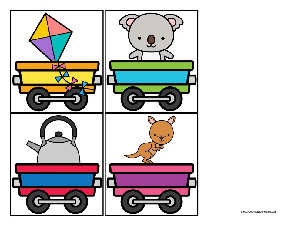 Beginning sound train car cards carrying a kite, koala, kettle and kangaroo for students to hitch behind the K engine