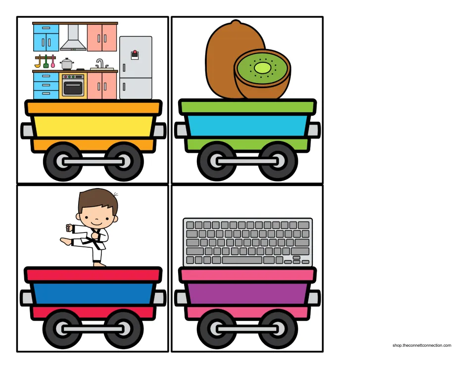 Train car cards with a kitchen, kiwi fruit, child doing karate and a keyboard as cargo for the K beginning sound sort
