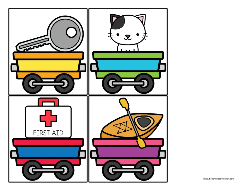 Train car cards carrying a key, kitten, first aid kit and kayak; students match each cargo to the letter K engine