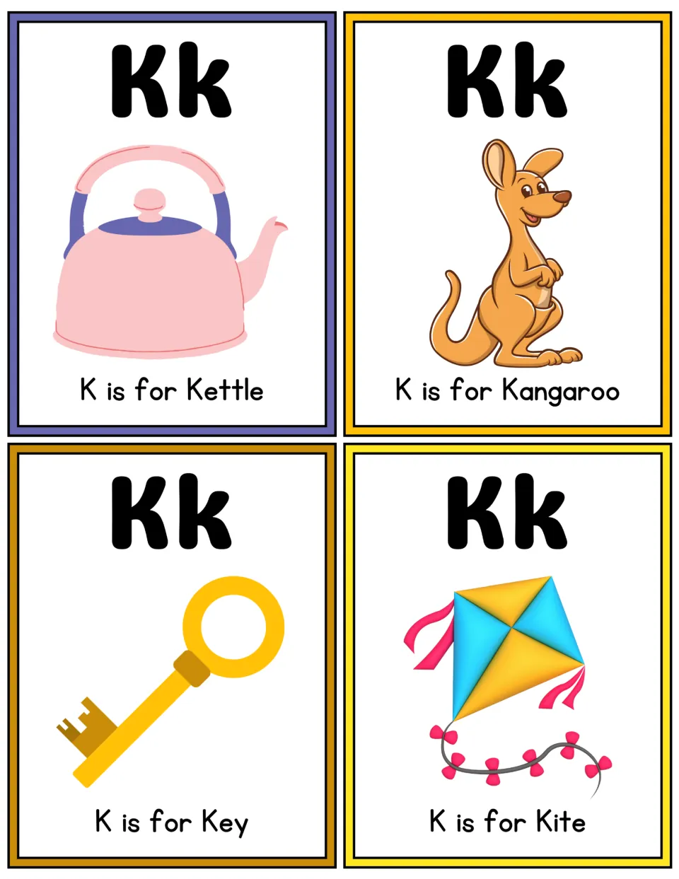 Letter K color flashcards: four Kk cards reading K is for Kettle, K is for Kangaroo, K is for Key and K is for Kite