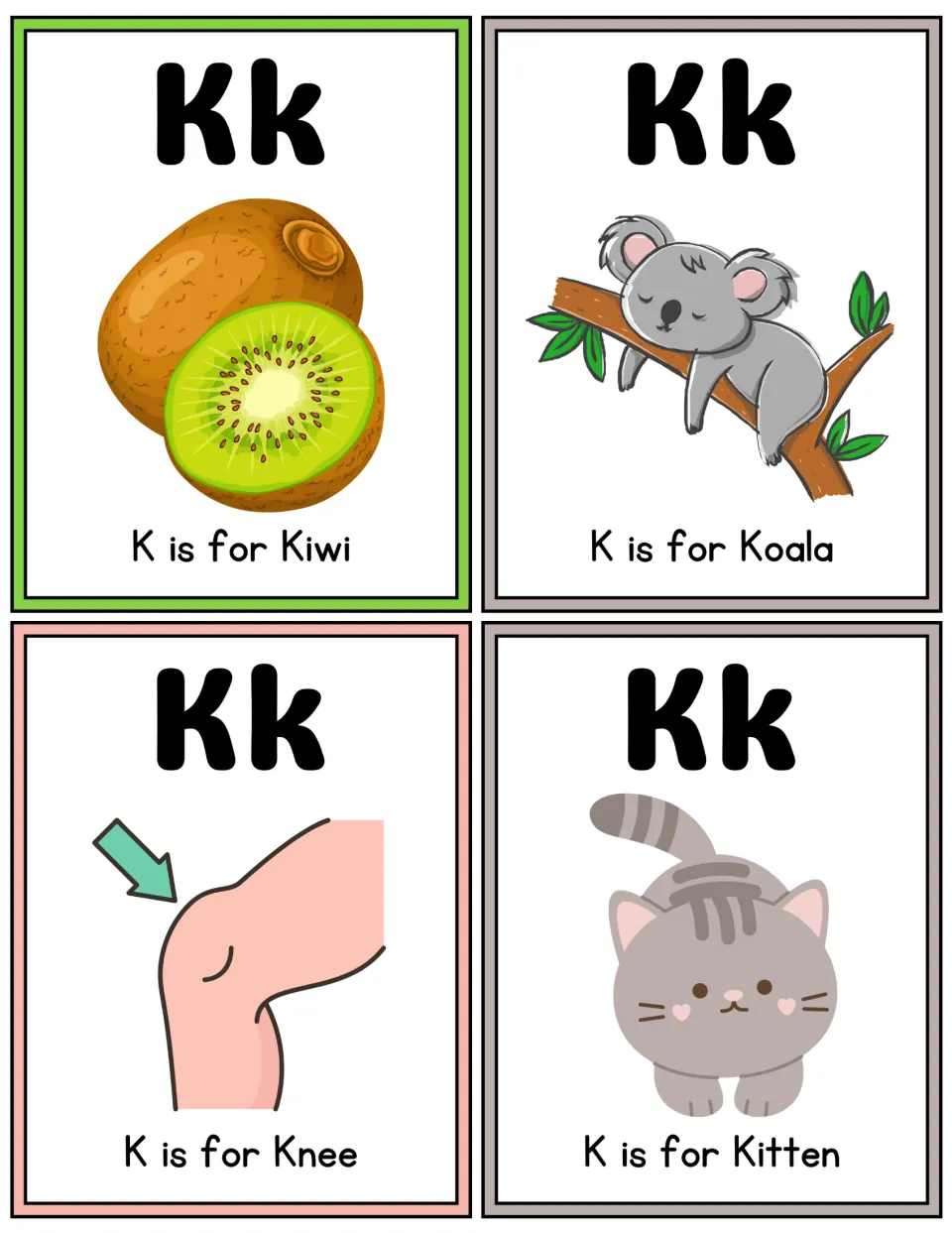 Letter K color flashcards: four more Kk cards showing a kiwi, koala, knee and kitten, each labeled K is for plus the word
