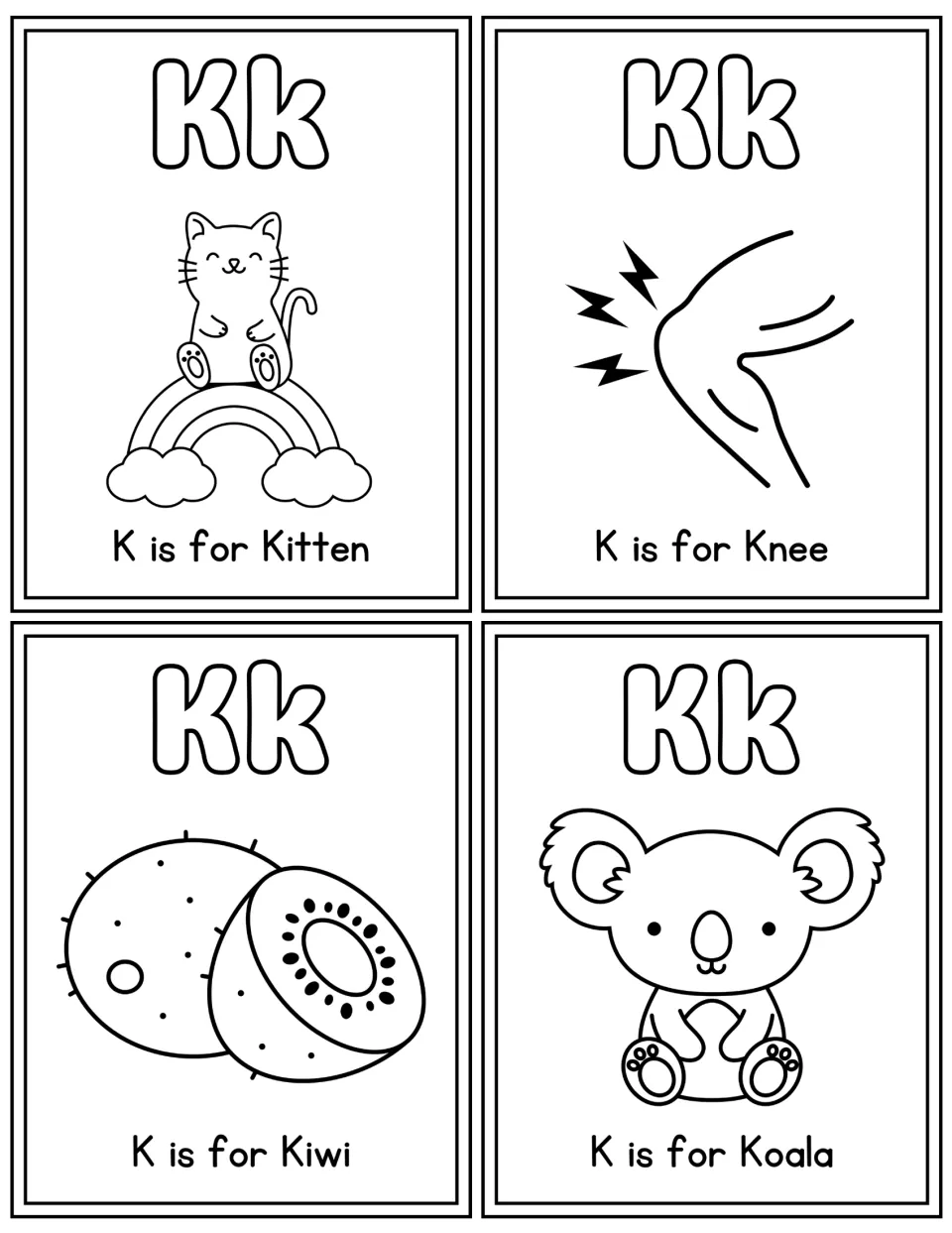 Letter K coloring flashcards: outline Kk cards for kitten, knee, kiwi and koala for students to color and name