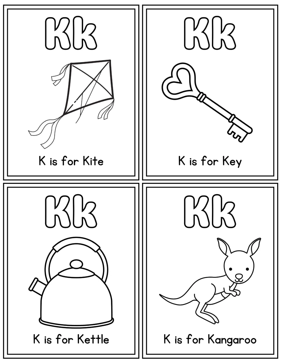 Letter K coloring flashcards: outline Kk cards for kite, key, kettle and kangaroo for students to color and say aloud