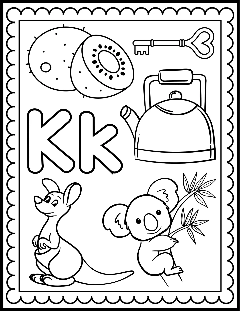 Letter K coloring page: bubble Kk surrounded by a kiwi, key, kettle, kangaroo and koala for students to color and name