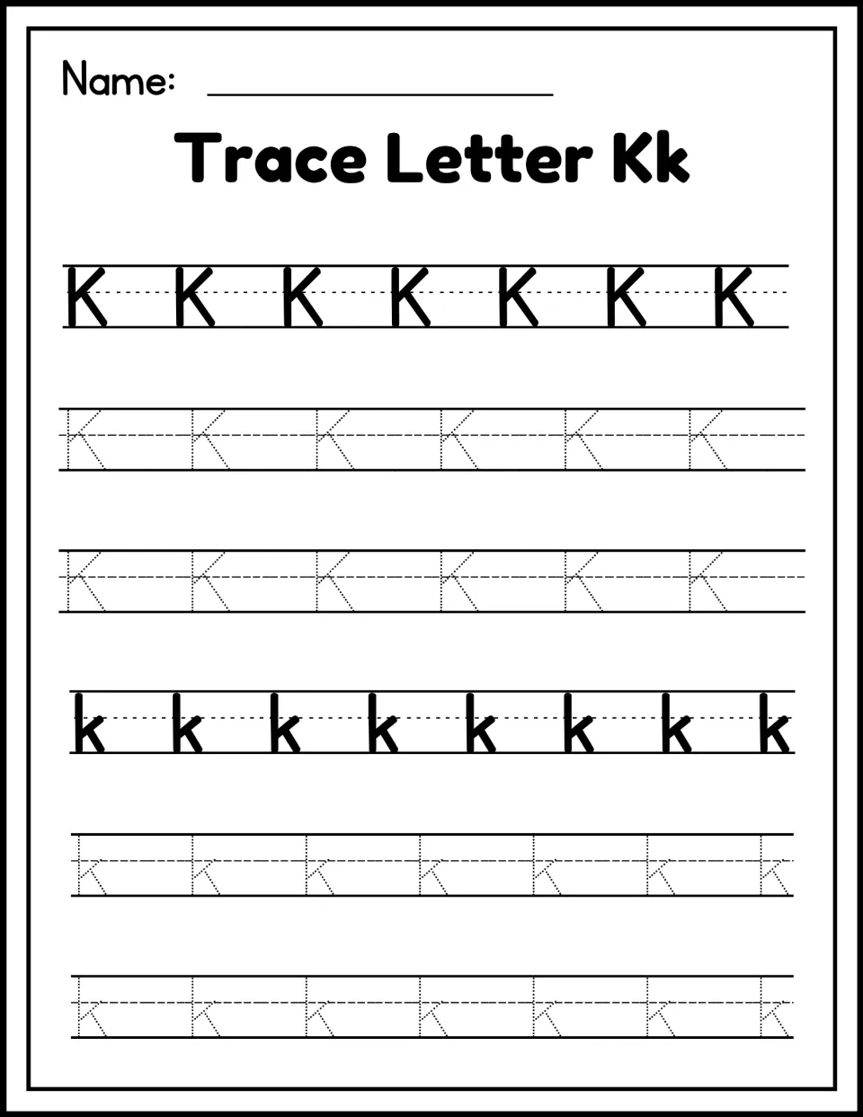 Trace Letter Kk: students trace rows of dotted uppercase K and lowercase k after a model row to practise letter formation