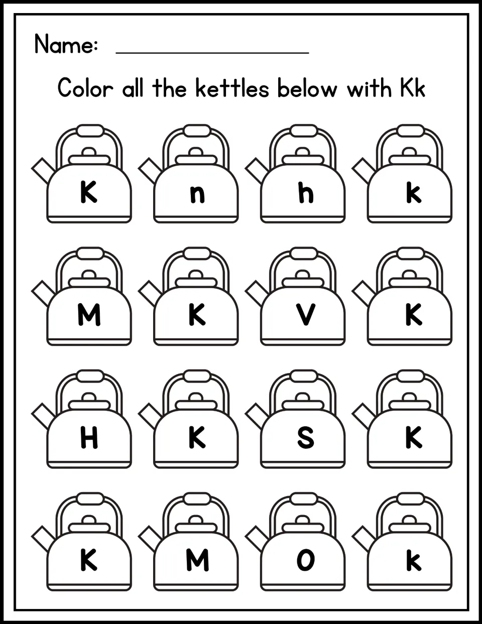 Letter K recognition: students color only the kettles marked K or k among 16 kettles showing mixed letters like M, H and S