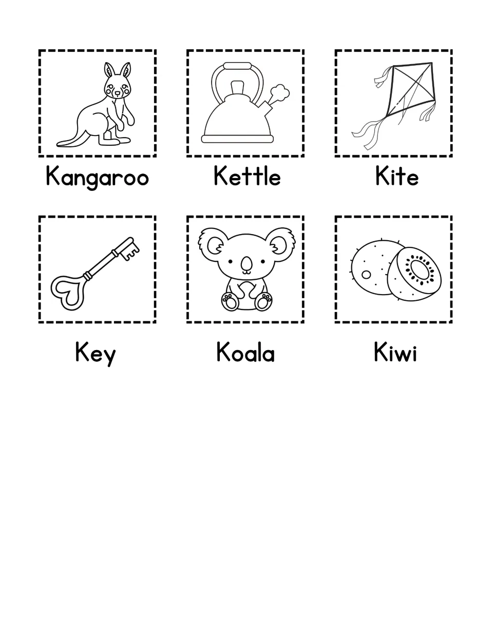 Letter K picture cards: students cut out kangaroo, kettle, kite, key, koala and kiwi pictures labeled with each K word