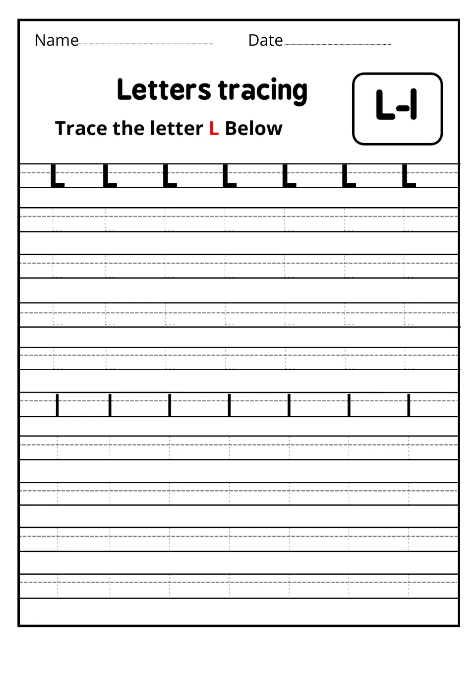 Letters tracing L-l: students trace rows of dotted uppercase L, then rows of lowercase l, practising letter formation