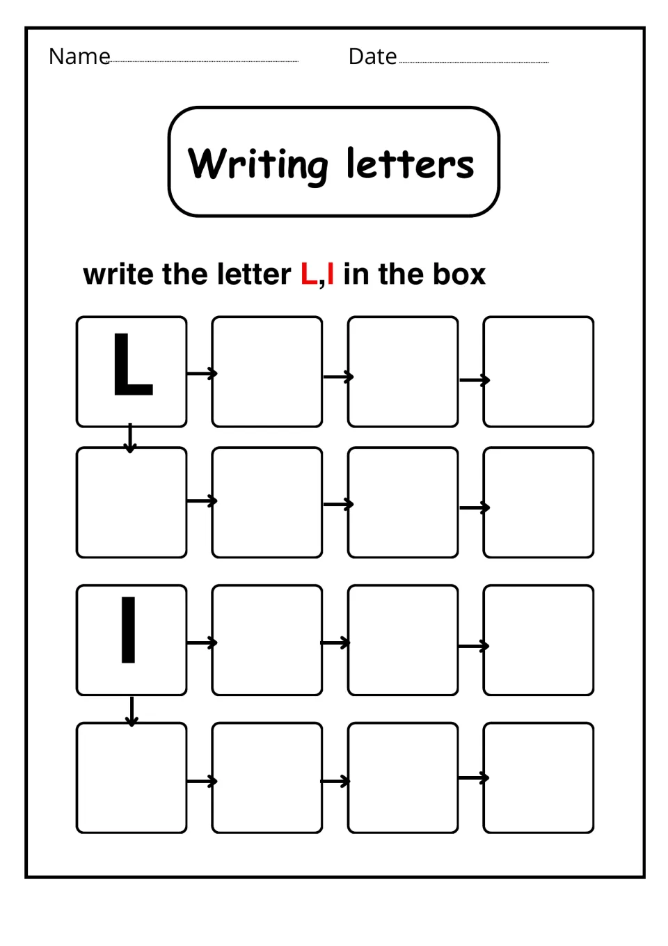Writing letters: students follow arrows to copy a model uppercase L seven times, then a lowercase l seven times