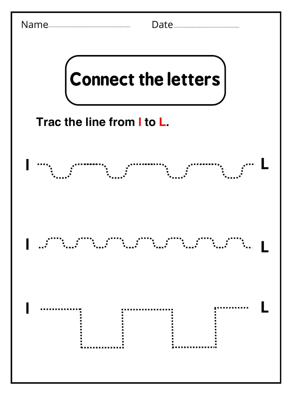 Connect the letters: students trace dotted wavy and stepped paths from lowercase l to uppercase L for pencil control