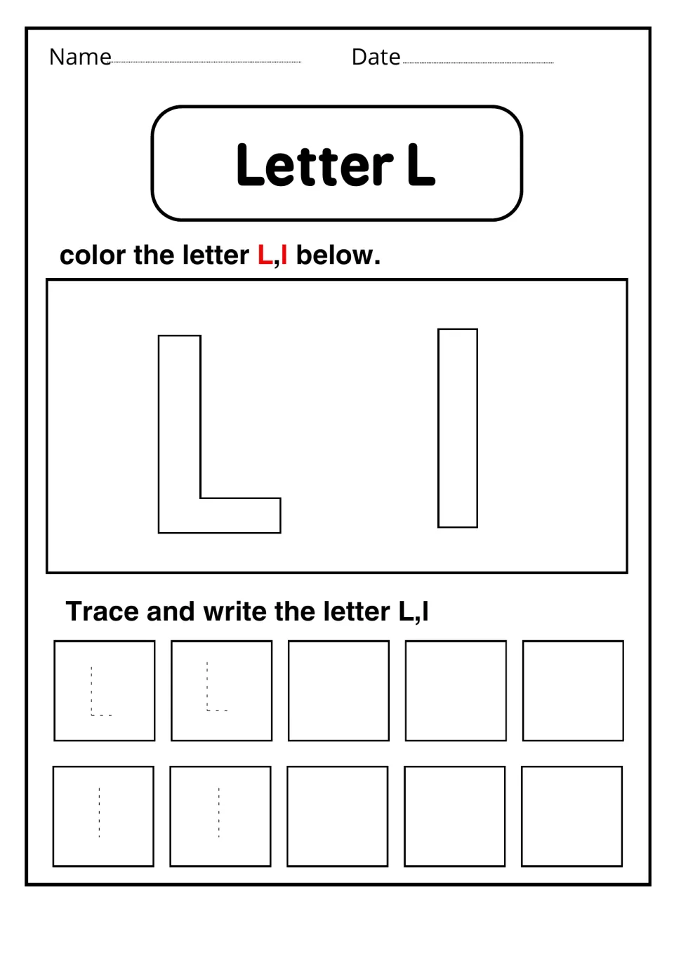 Letter L: students color outline letters L and l, then trace two dotted examples of each and write three more