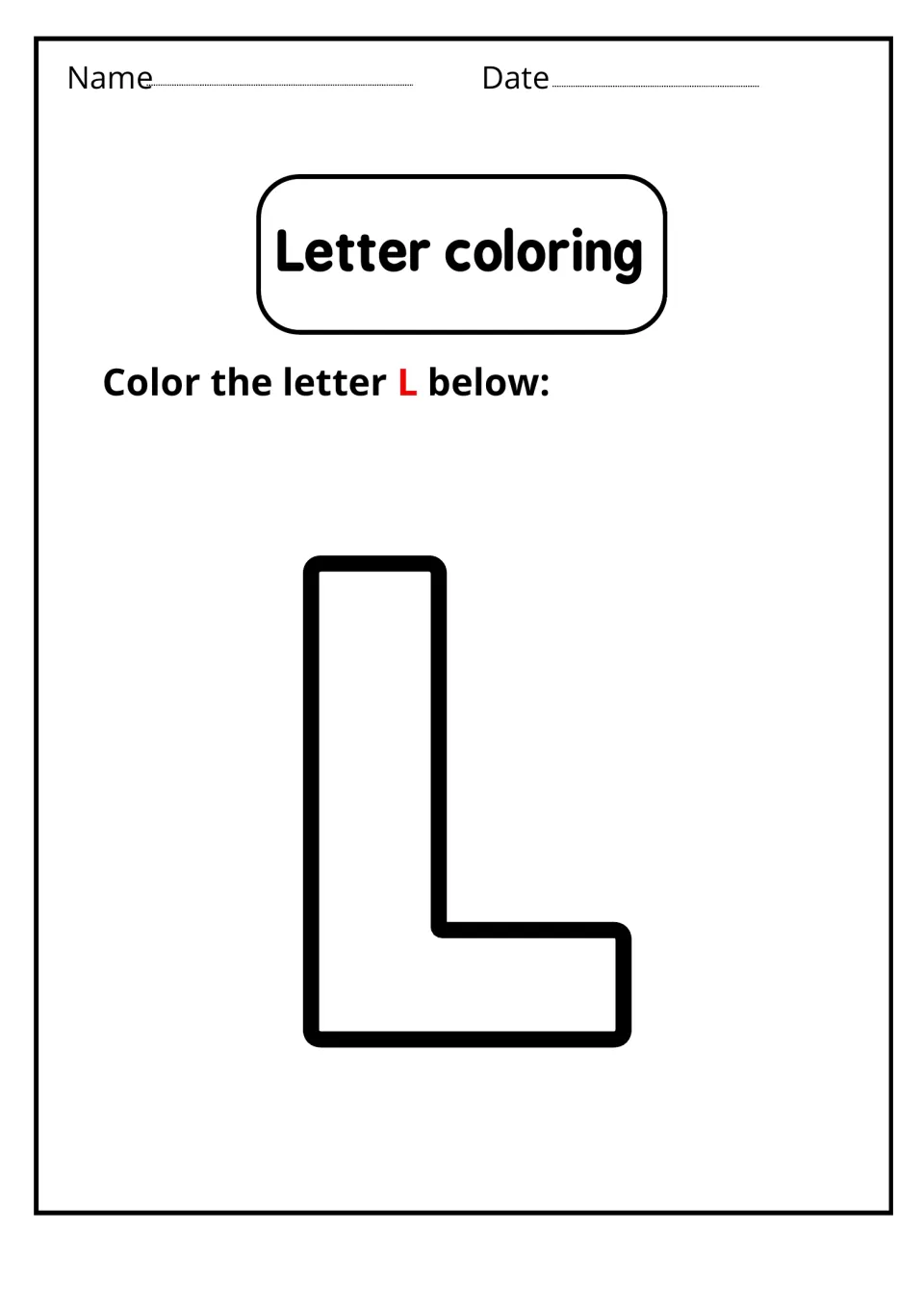 Letter coloring: students color one large outline of uppercase L, focusing on recognizing the capital letter shape