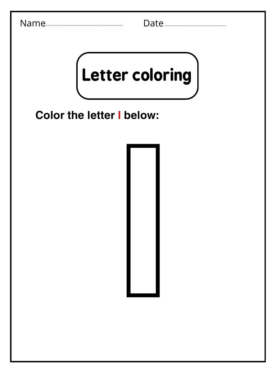 Lowercase letter coloring: students color one tall outline of the letter l to practise recognizing the small letter