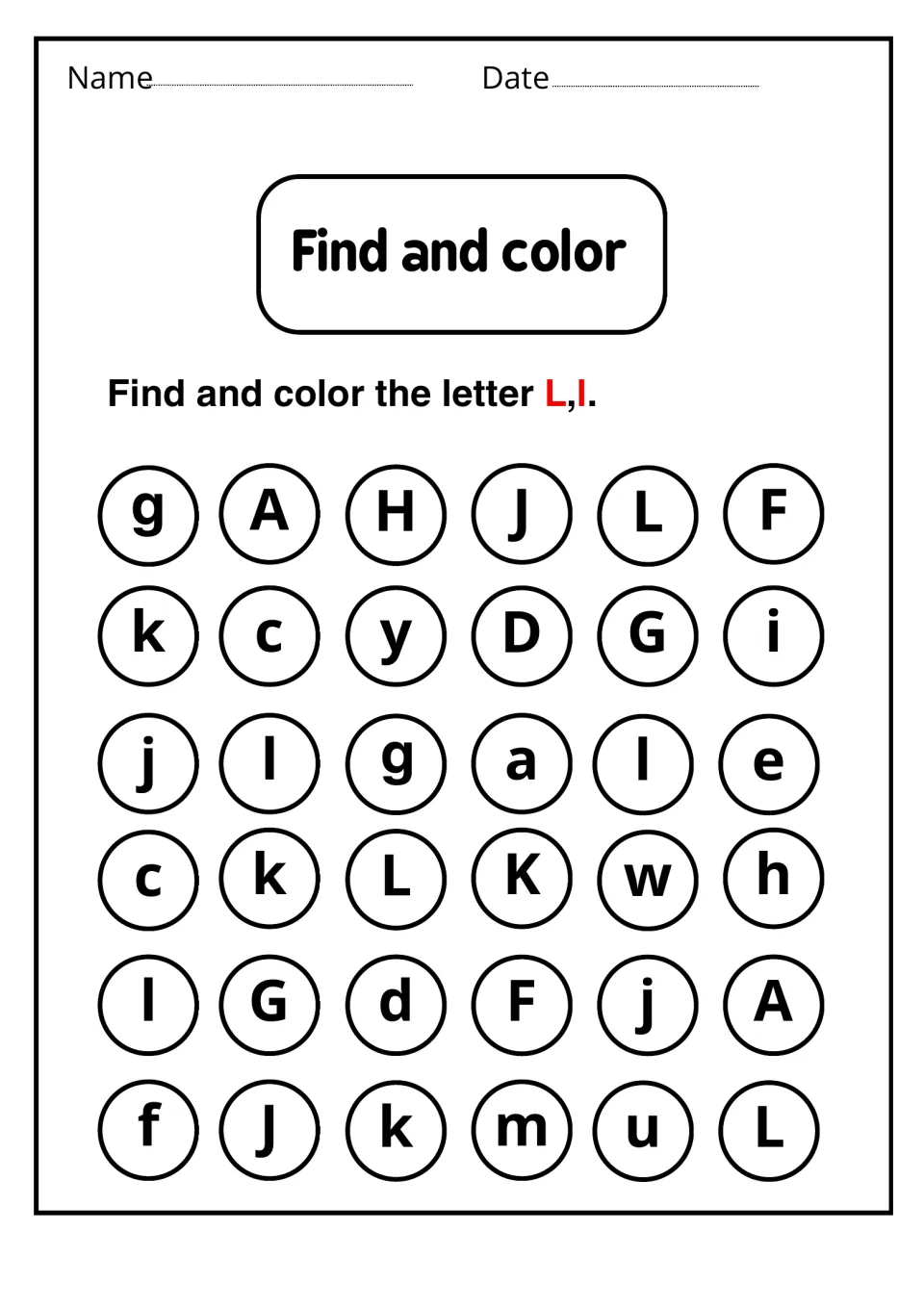 Find and color: students scan 36 mixed letters and color each uppercase L and lowercase l for letter recognition