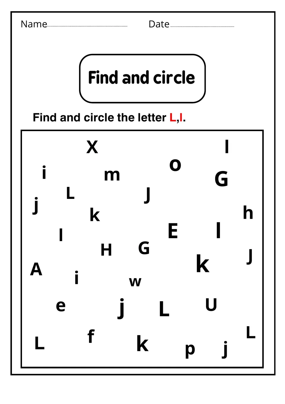 Find and circle: students search scattered mixed letters and circle every L and l to sharpen visual scanning