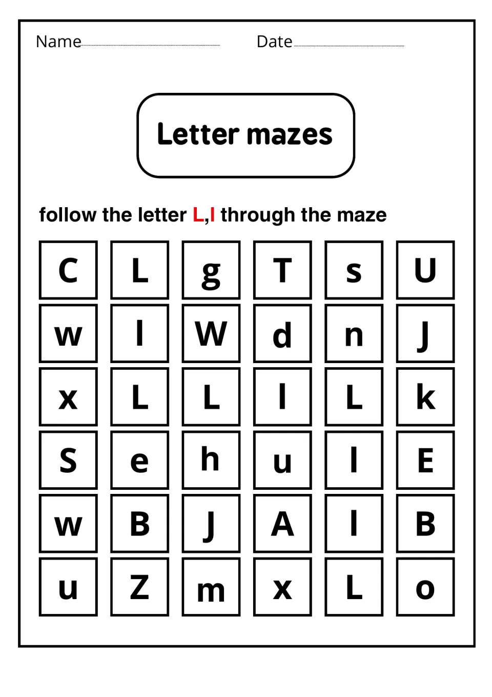 Letter mazes: students follow a path of L and l through mixed letters from the top row to the bottom row