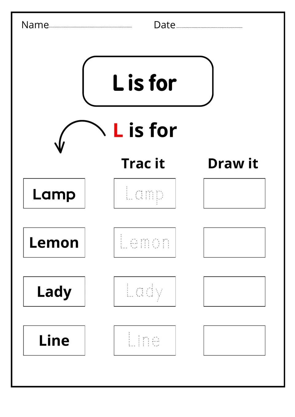 L is for: students read Lamp, Lemon, Lady and Line, trace each dotted word and draw a picture of it