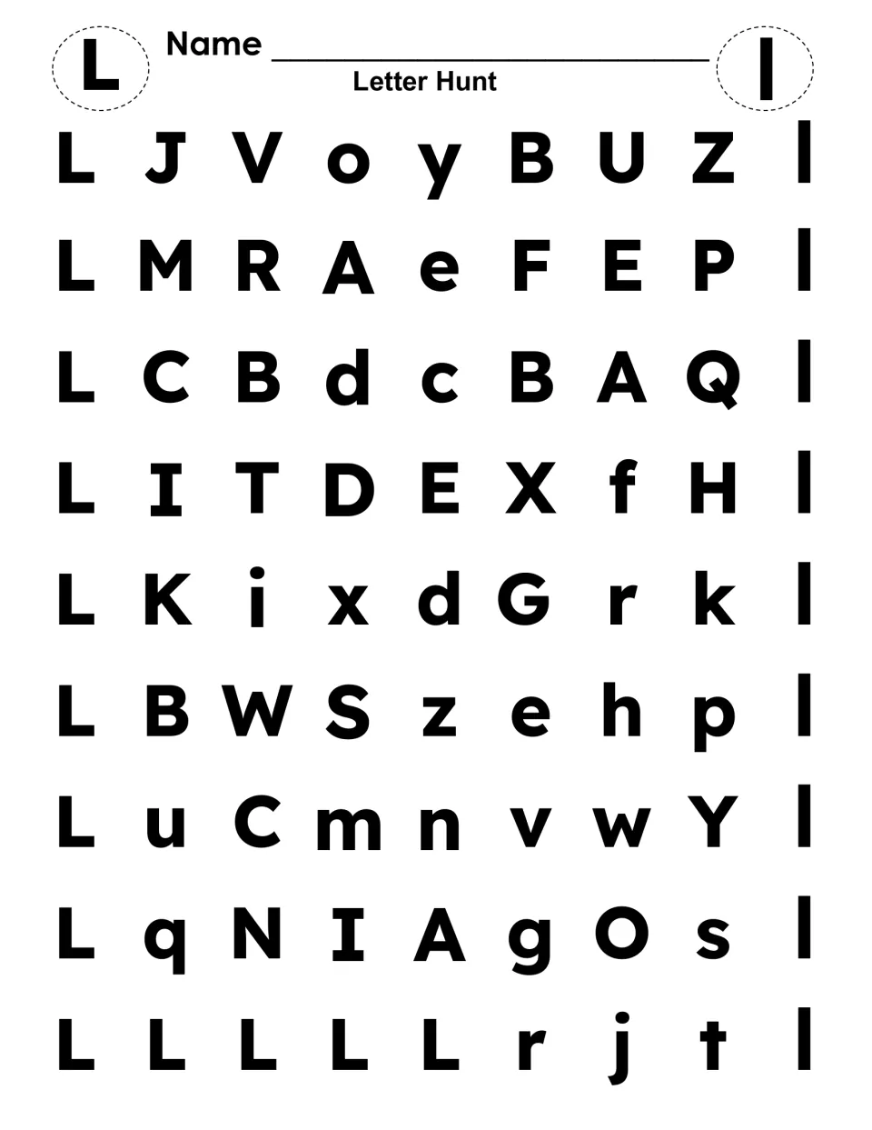 Letter recognition: students find and dab every capital L and lowercase l hidden in a mixed-case Letter Hunt