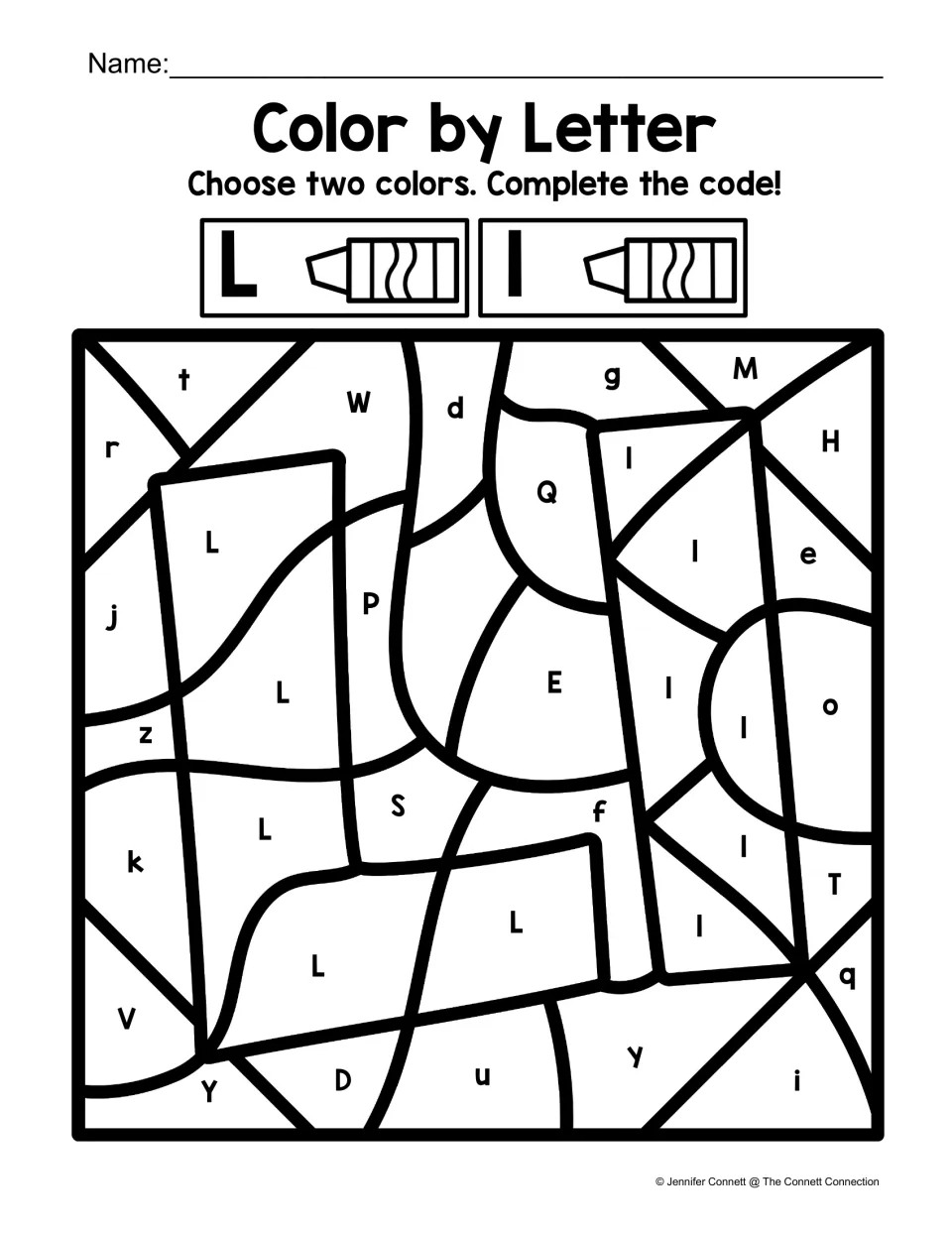 Letter L color-by-code worksheet using two chosen colors for uppercase L and lowercase l letter shapes.