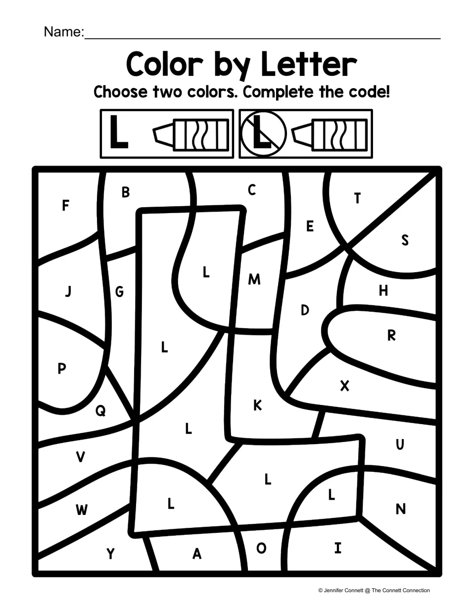 Uppercase L color-by-code worksheet featuring a large L, with separate colors for L and other letters.