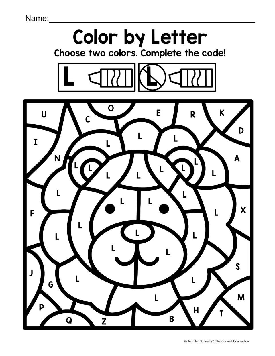Lion color-by-code worksheet for letter L recognition, using one color for L and another for other letters.