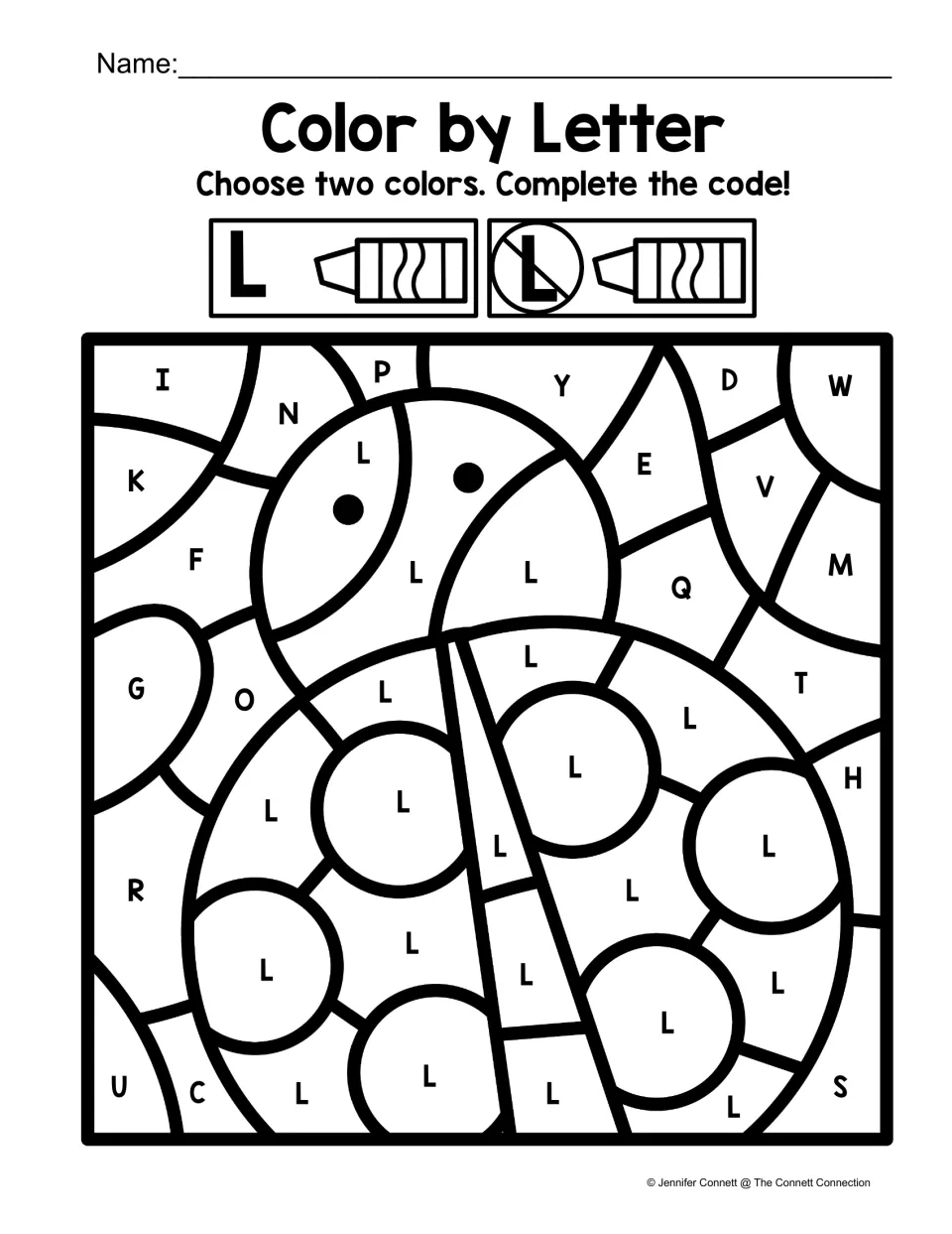 Ladybug color-by-code worksheet for uppercase L, with L labels on the insect and other letters around it.