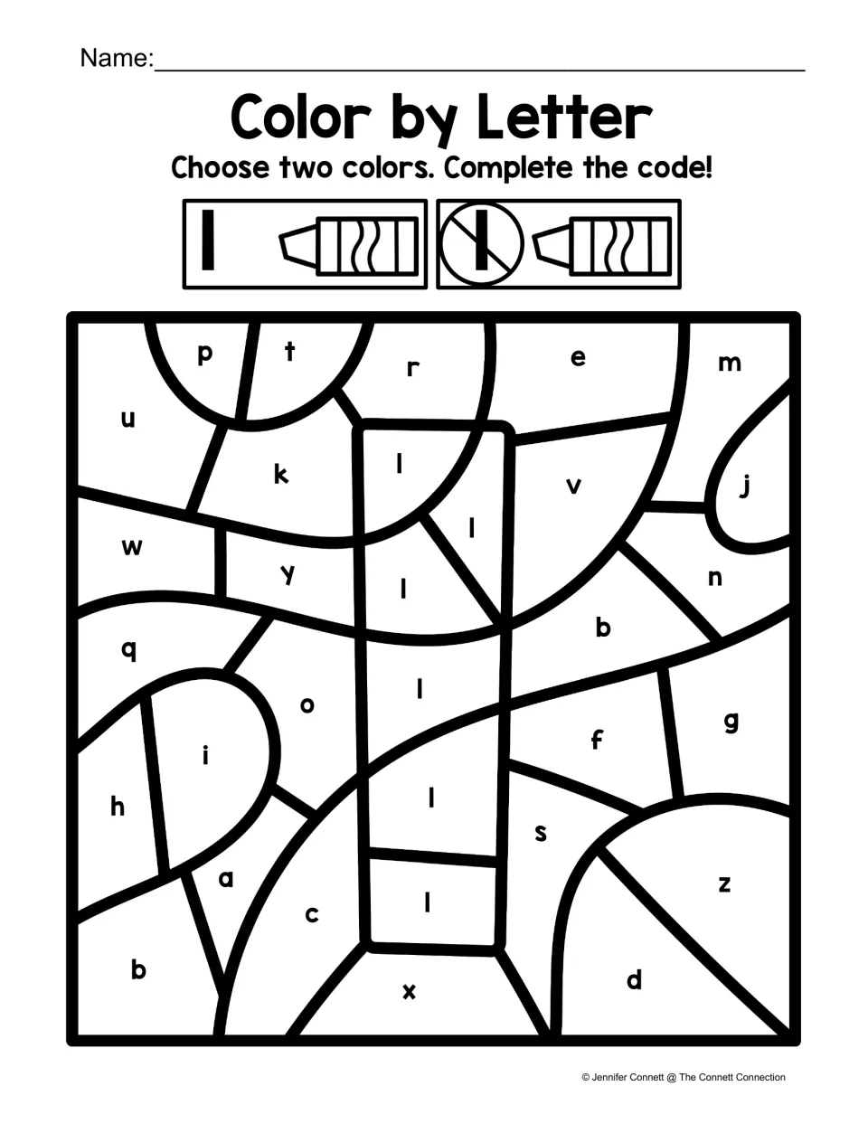 Lowercase l color-by-code worksheet featuring a large l to distinguish from surrounding lowercase letters.
