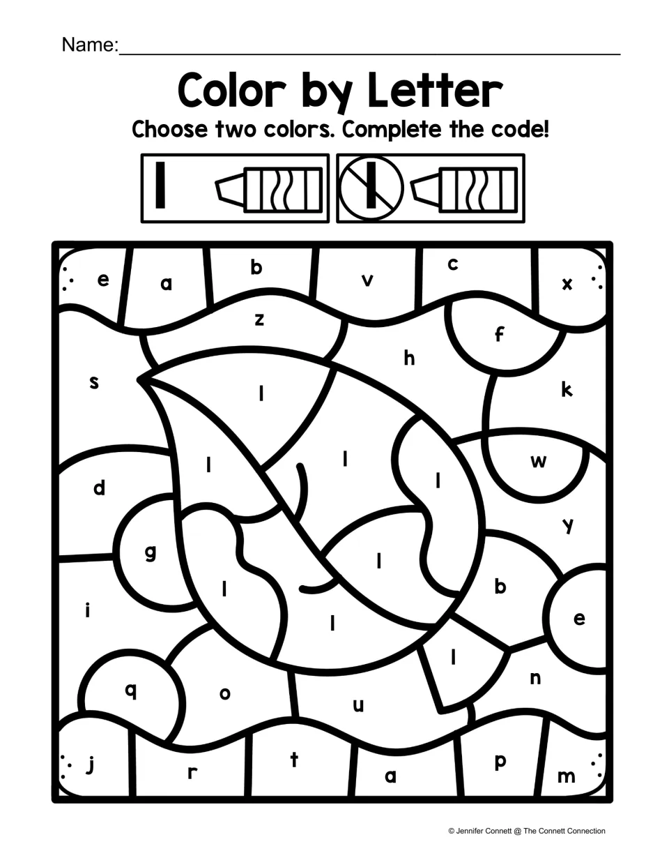 Leaf color-by-code worksheet for lowercase l, using two chosen colors to separate l from other letters.