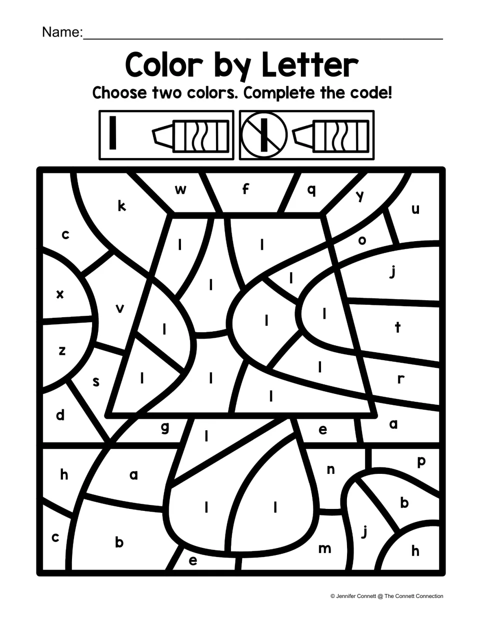 Lamp color-by-code worksheet for lowercase l, with l labels on the lamp and other letters surrounding it.