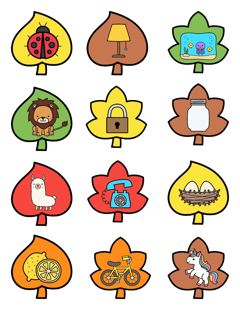 Beginning sound cut-outs: 12 fall leaf picture cards such as ladybug, lamp, lion, lock, llama, lemon, jar, nest and bike
