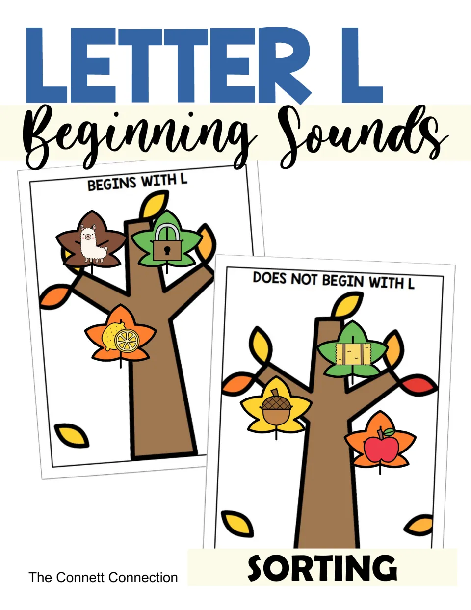 Cover for a Letter L beginning sounds sort: two fall tree mats holding picture leaves such as llama, lock and lemon