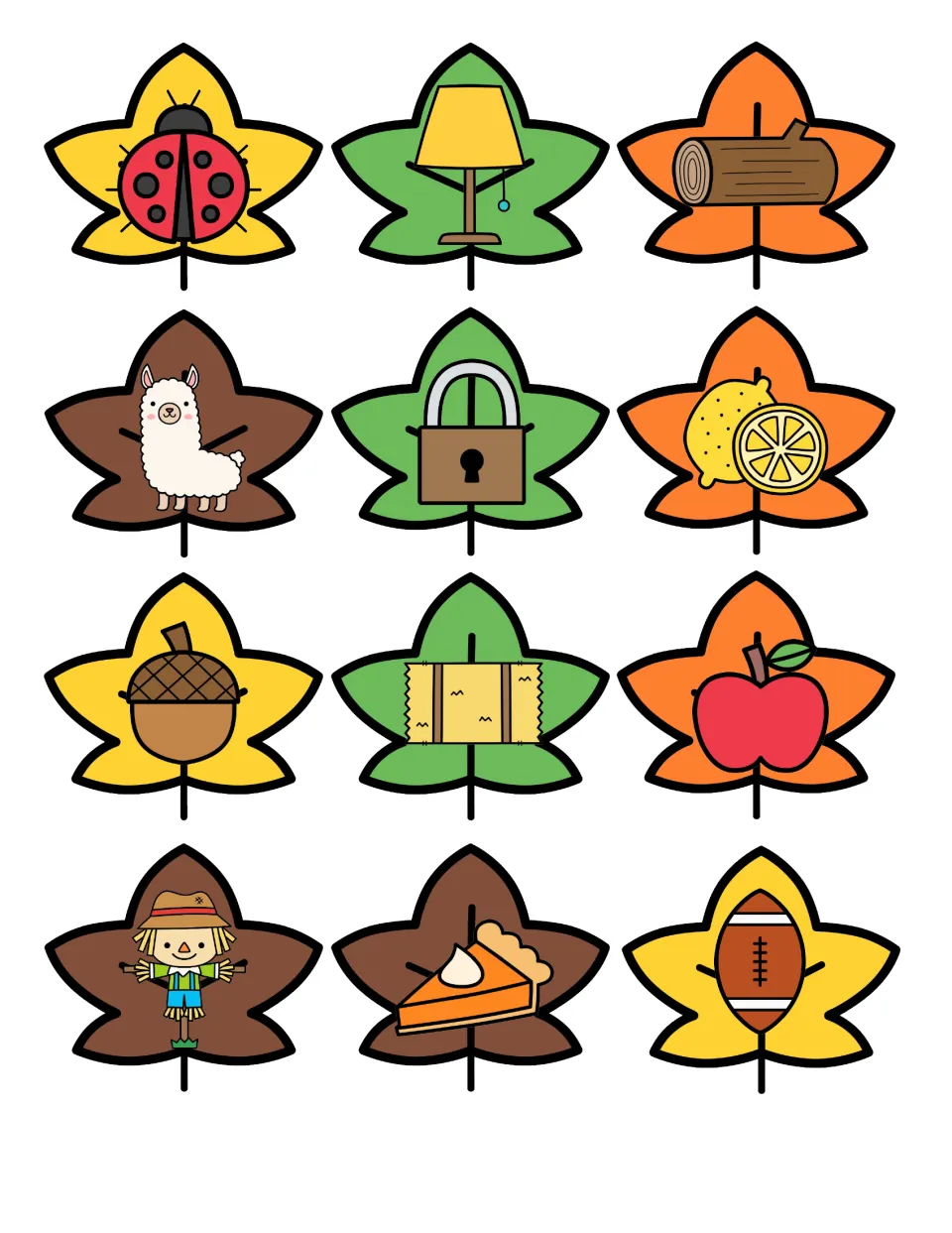 Leaf picture cards to cut and sort by first sound: ladybug, lamp, log, llama, lock, lemon, acorn, hay, apple and more