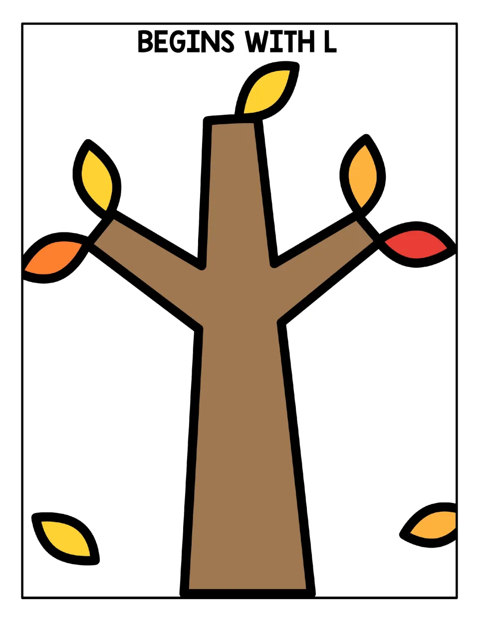 Begins with L sorting mat: a bare fall tree where students place picture leaves whose names start with the /l/ sound