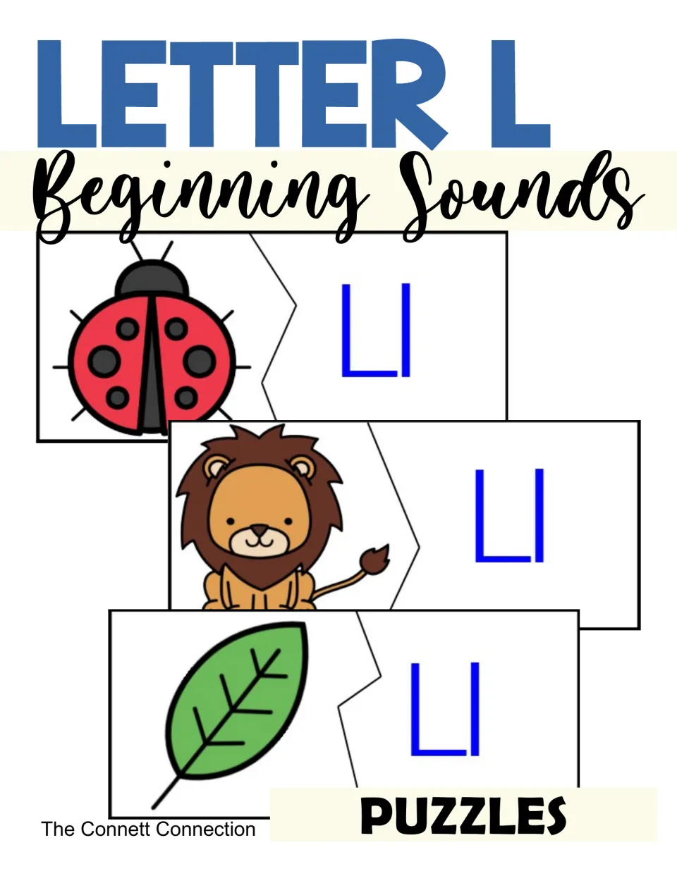Letter L beginning sounds puzzles cover showing ladybug, lion and leaf picture pieces each joined to an Ll letter piece