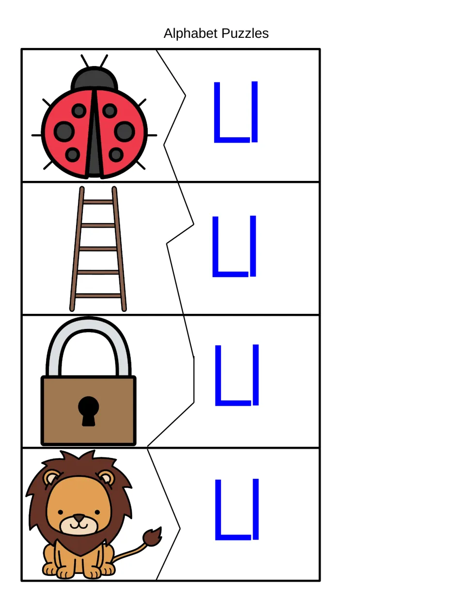 Alphabet Puzzles: students cut and match ladybug, ladder, lock and lion pictures to Ll pieces to practise the /l/ sound