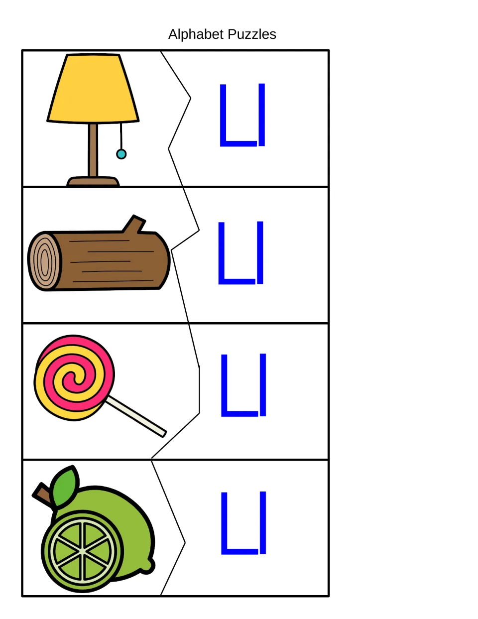 Alphabet Puzzles: students pair lamp, log, lollipop and lime pictures with Ll pieces by hearing the first sound
