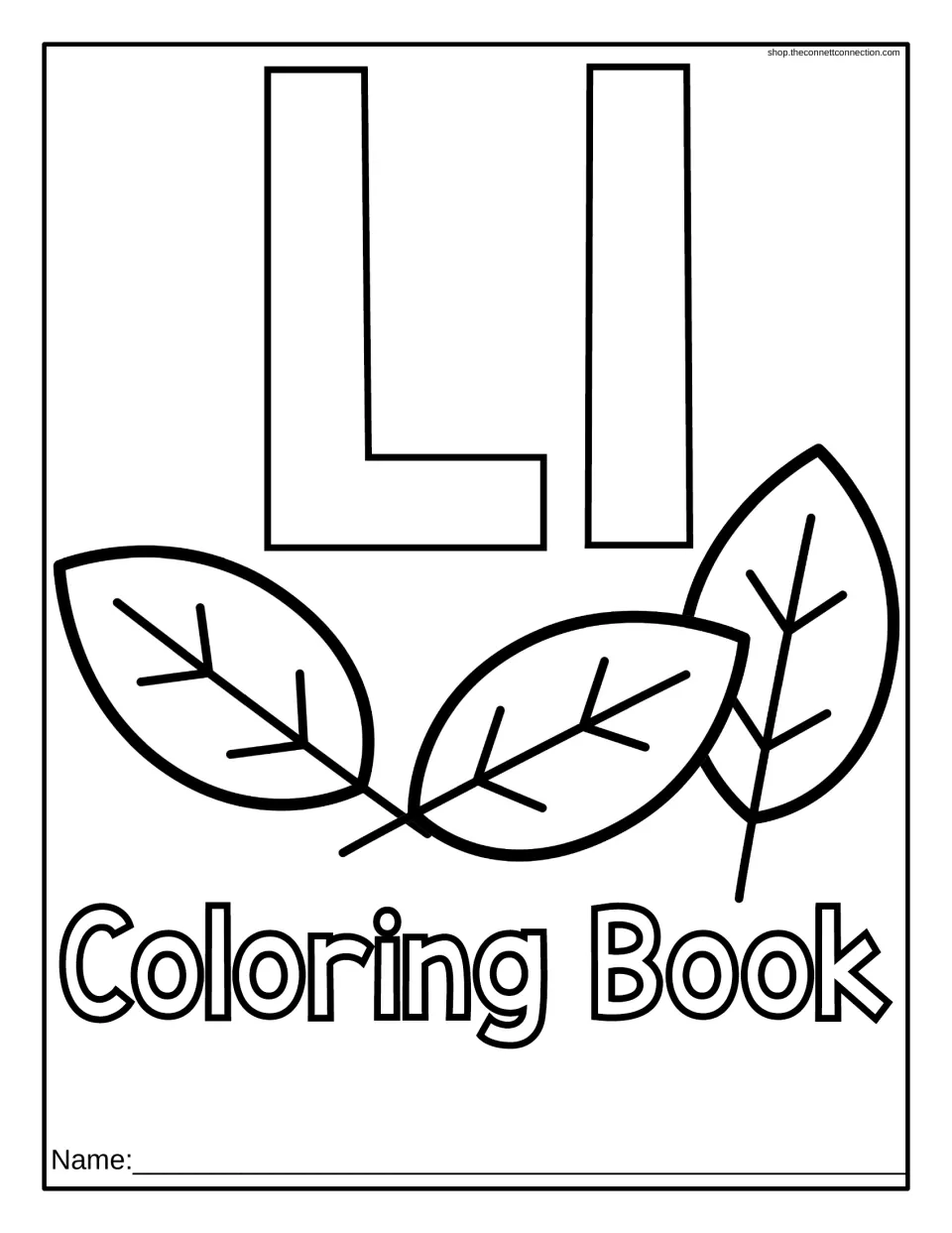 Letter L coloring book cover featuring uppercase and lowercase L, three leaves, and a space for a name