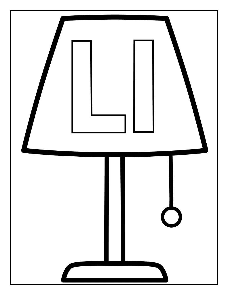 First letter L coloring worksheet featuring a lamp with uppercase and lowercase L inside its lampshade