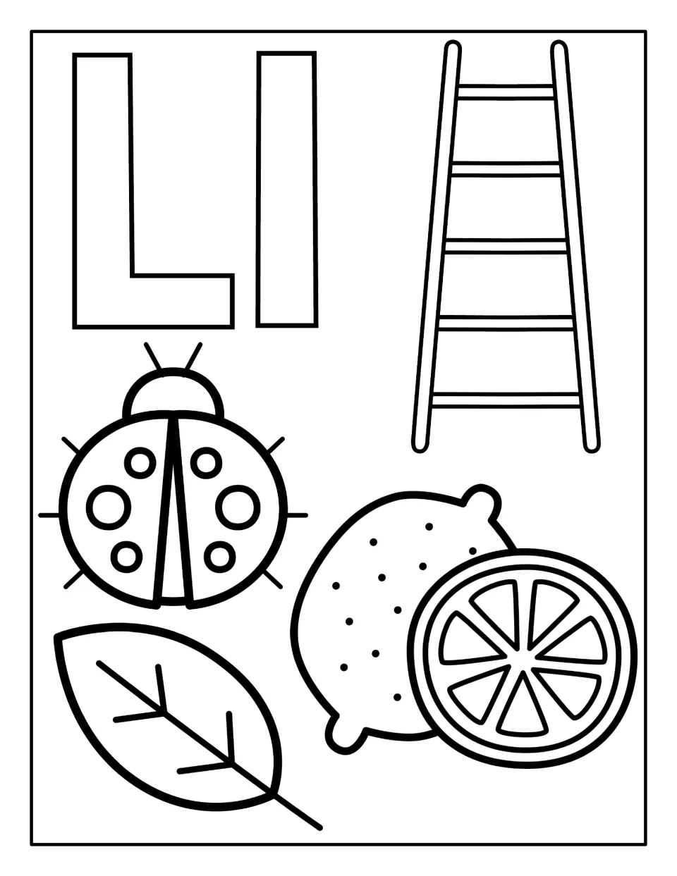 Second letter L coloring worksheet featuring uppercase and lowercase L, a ladder, ladybug, leaf, and lemon