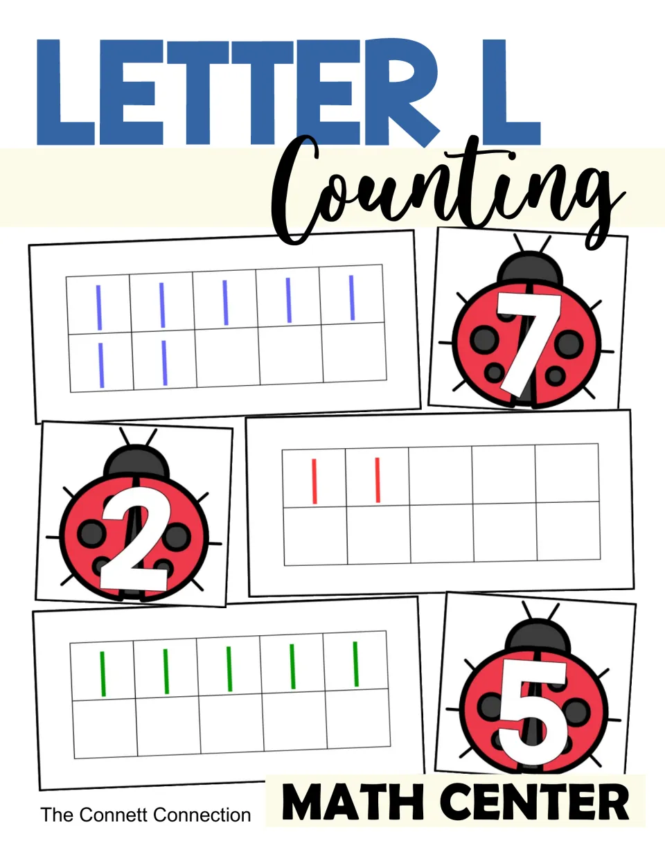 Counting center cover showing lowercase-l quantity cards paired with ladybug numeral cards for 7, 2, and 5