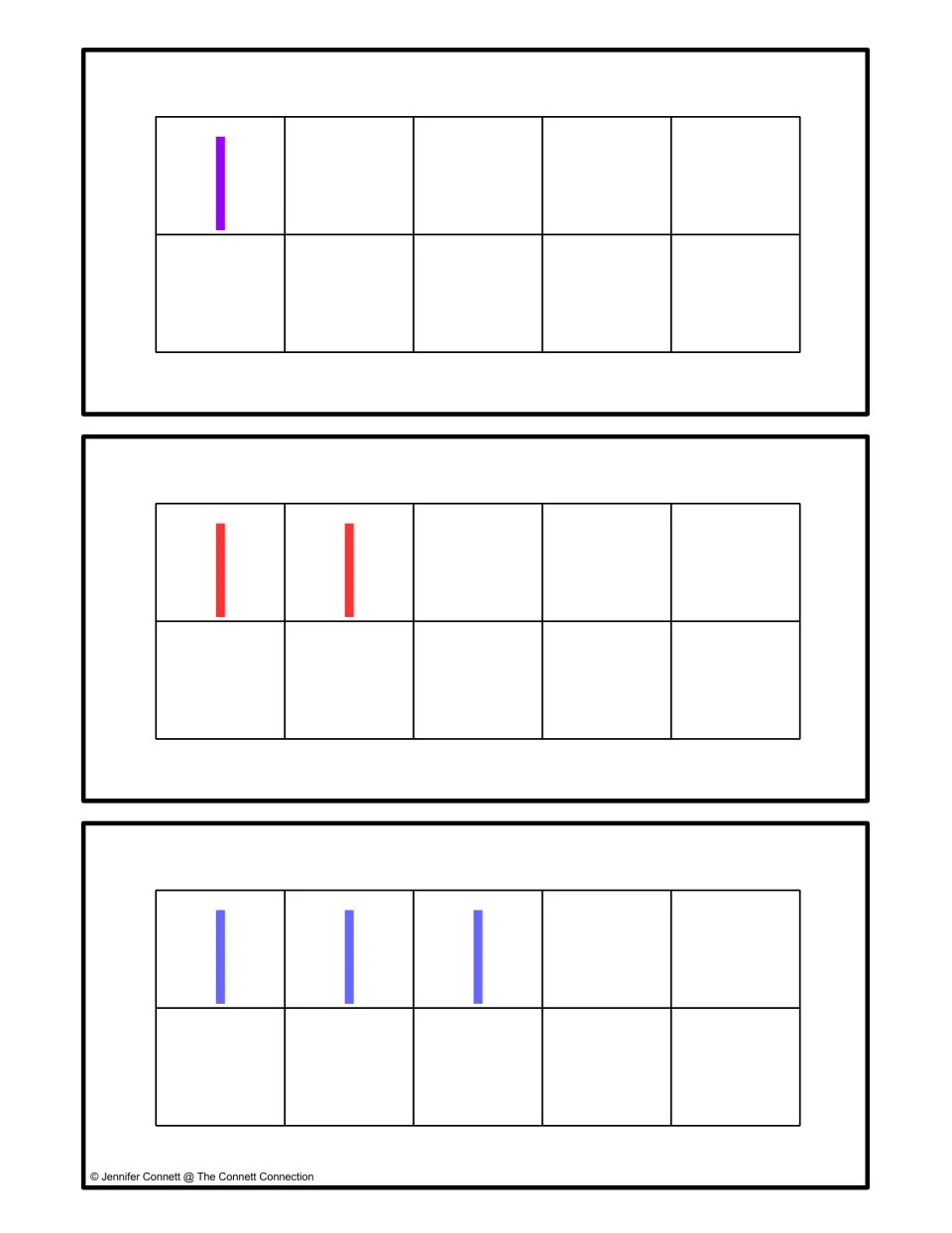 Counting center quantity cards 1–3, showing one, two, and three lowercase l letters in ten frames