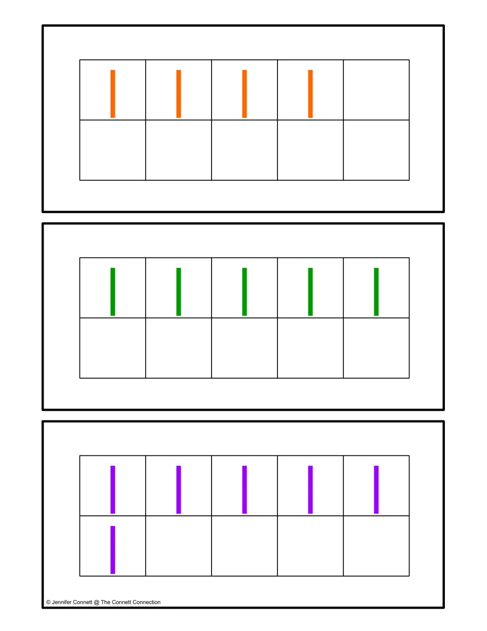 Counting center quantity cards 4–6, showing four, five, and six lowercase l letters in ten frames